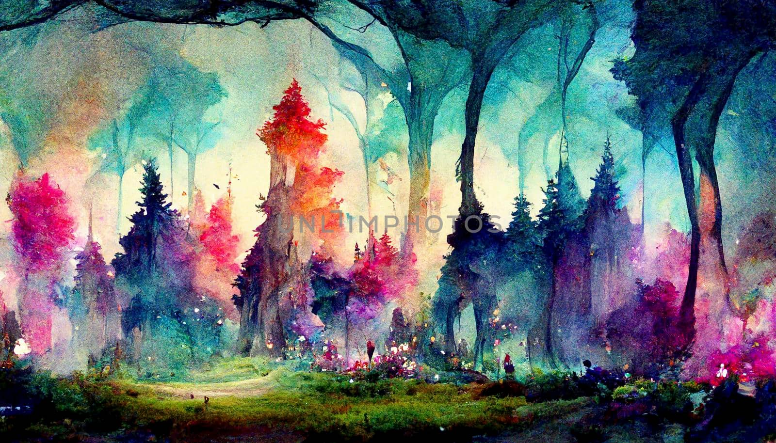 Lovely magic colored blurred foggy forest trees with illustrated abstract bokeh light