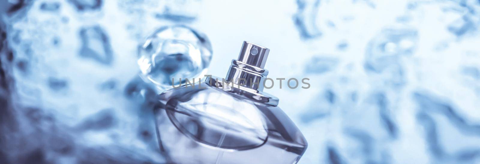 Perfume bottle under blue water, fresh sea coastal scent as glamour fragrance and eau de parfum product as holiday gift, luxury beauty spa brand present by Anneleven