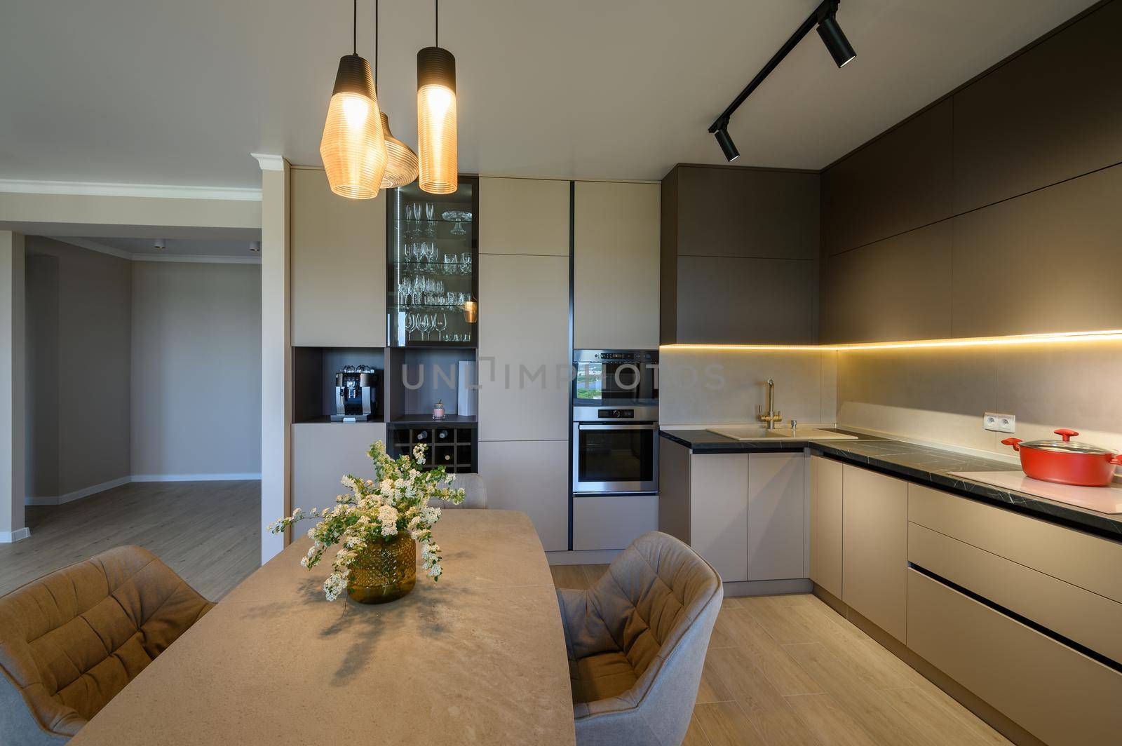Large modern grey luxurious kitchen and dining room in studio apartment interior