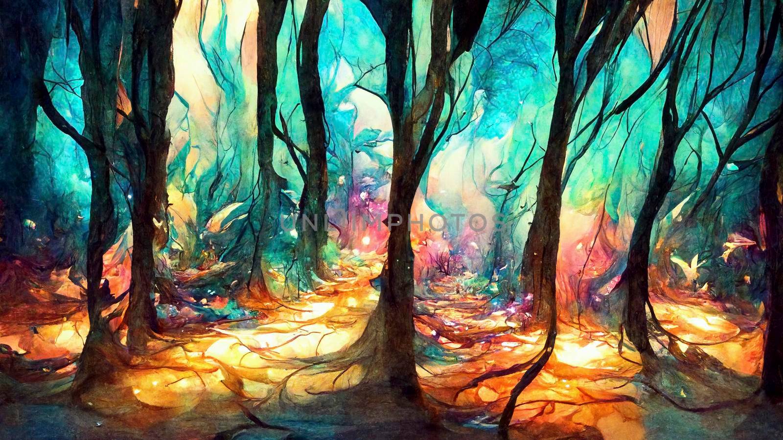 A fabulous watercolor ancient illustration of a tree of life with a bright aura. Magic fairy forest