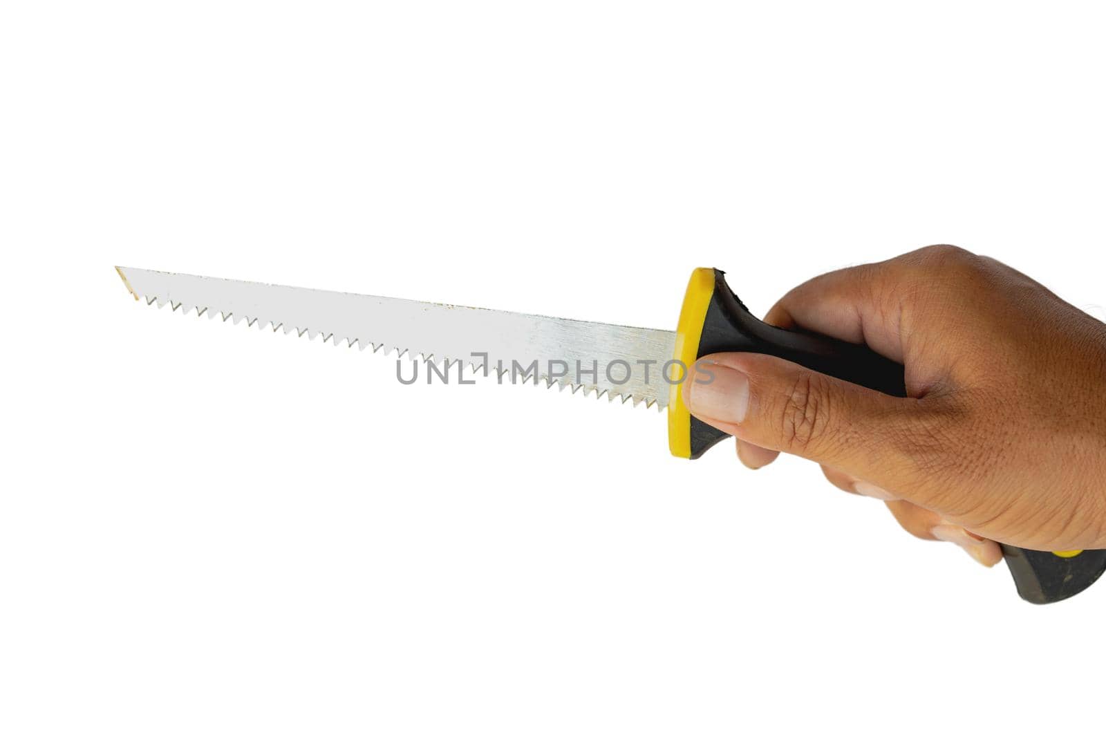 Small hand saw holding in hand on isolated white background