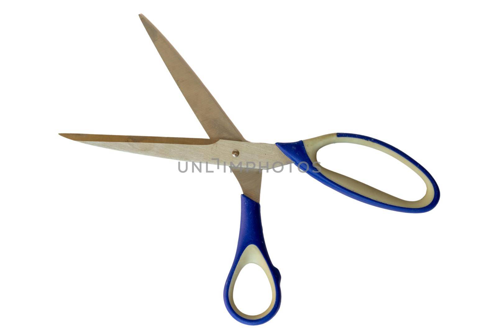 Stainless steel scissors with blue handle isolated on white background by Bilalphotos