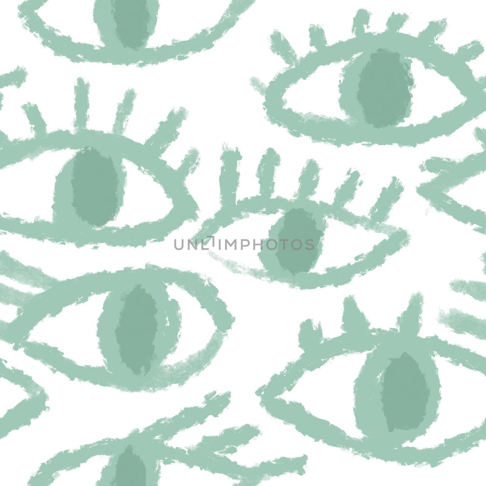 Seamless hand drawn pattern with green evil third eye, traditional ethnic evil protection background. Pastel open eye eyelashes, boho bohemian trendy fabric print