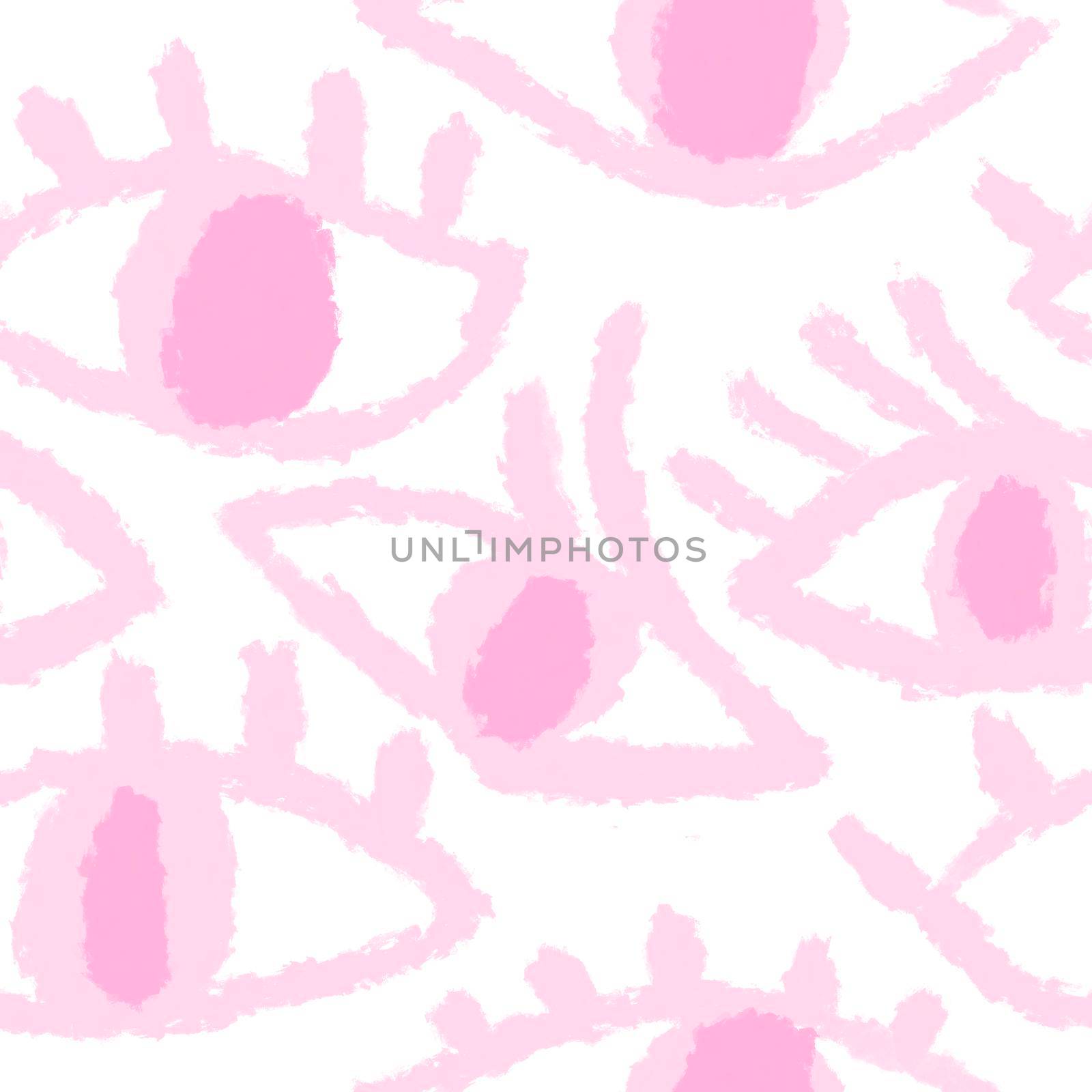 Seamless hand drawn pattern with pink evil third eye, traditional ethnic evil protection background. Pastel open eye eyelashes, boho bohemian trendy fabric print. by Lagmar