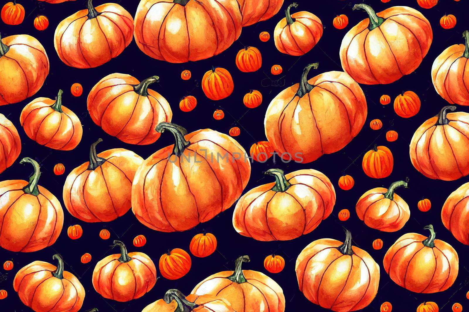 Seamless Halloween pattern. Scary Pumpkin Jack witches and ghosts. Happy spooky holiday. Hand drawn watercolor and pencils illustration on white background. Cartoon child character.