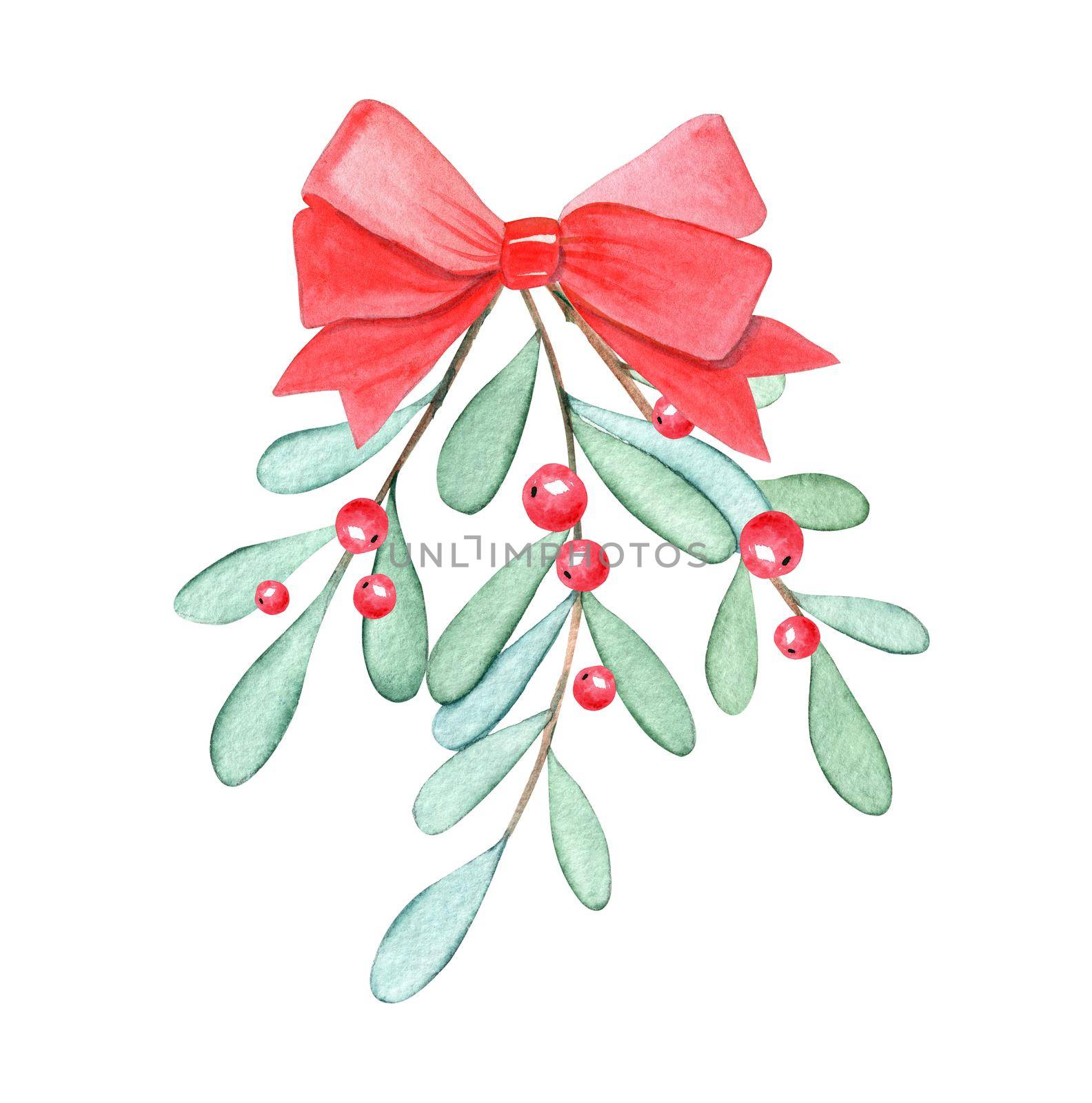 watercolor mistletoe branch with red ribbon isolated on white by dreamloud