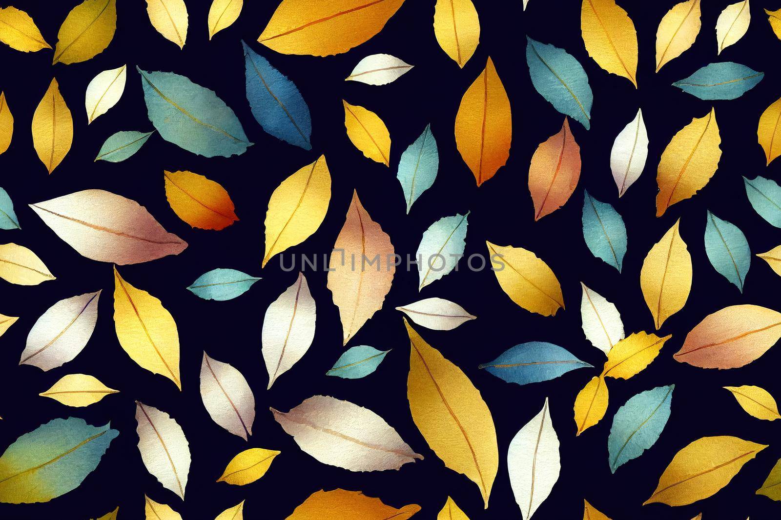 Watercolor seamless pattern with gold and blue large abstract leaves on a white background, the Watercolor pattern for fabrics, bed linen, dresses, packaging.