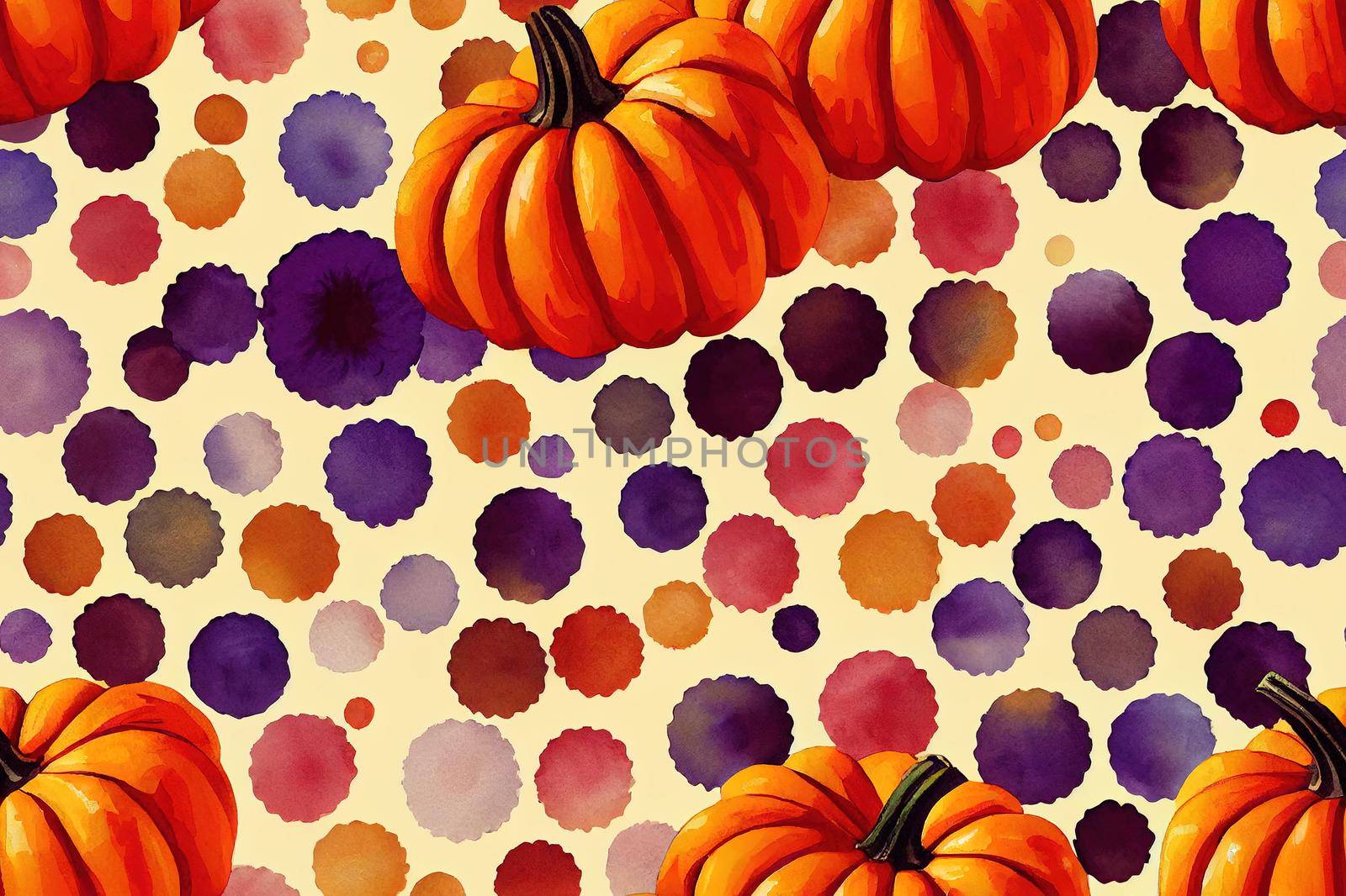 watercolour floral pumpkin seamless repeat pattern, in orange, blue and purple on a white background, perfect for scrapbooking, paper crafts
