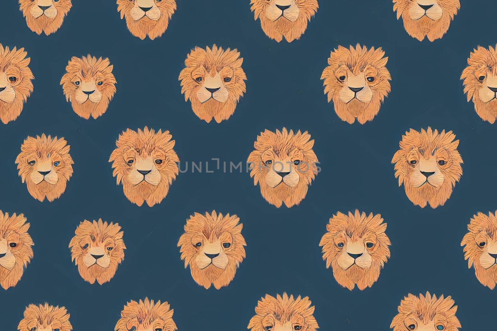 Seamless pattern with cute lion cub and decorative elements on a blue background. illustration for printing on fabric, packaging paper, clothing. Cute baby background