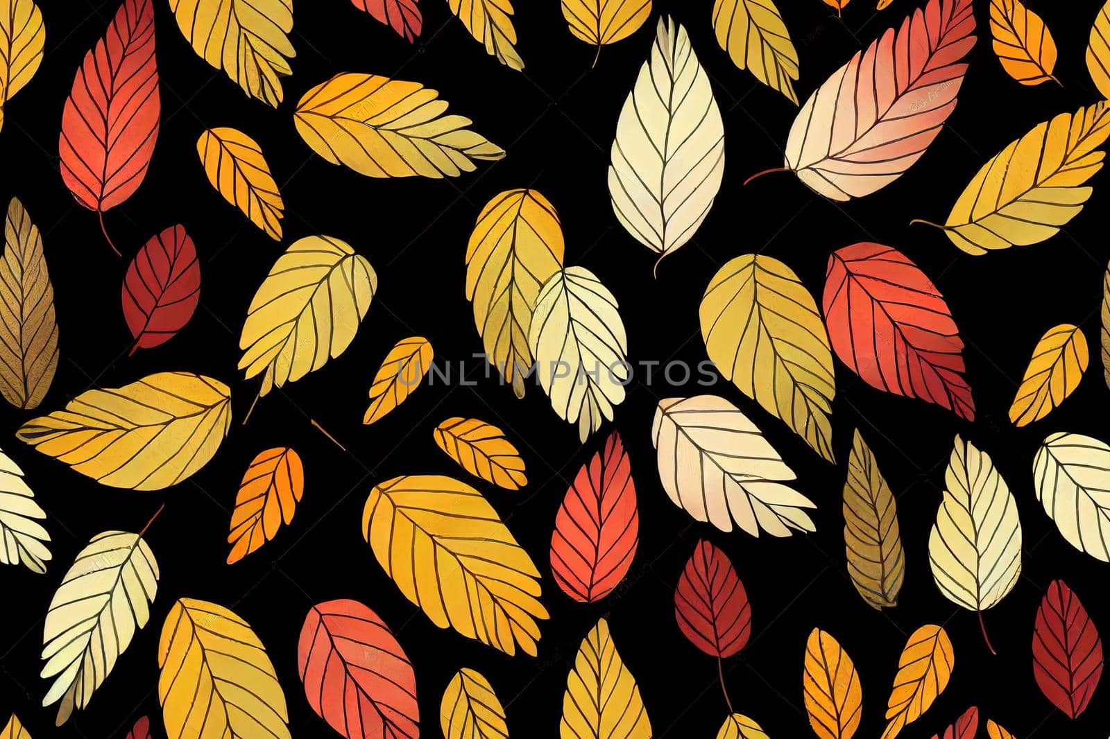 Seamless pattern with autumn leaves on a dark background, hand drawn in watercolor.
