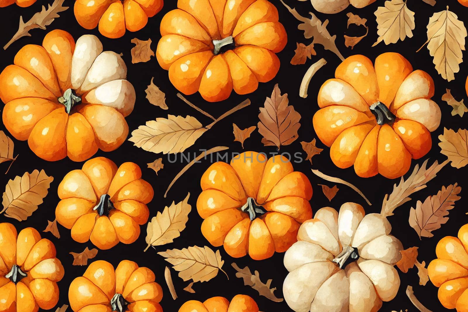 Seamless pattern with the gifts of autumn, pumpkins, acorns, leaves and dried grasses on a white background. Hand painted in watercolor.