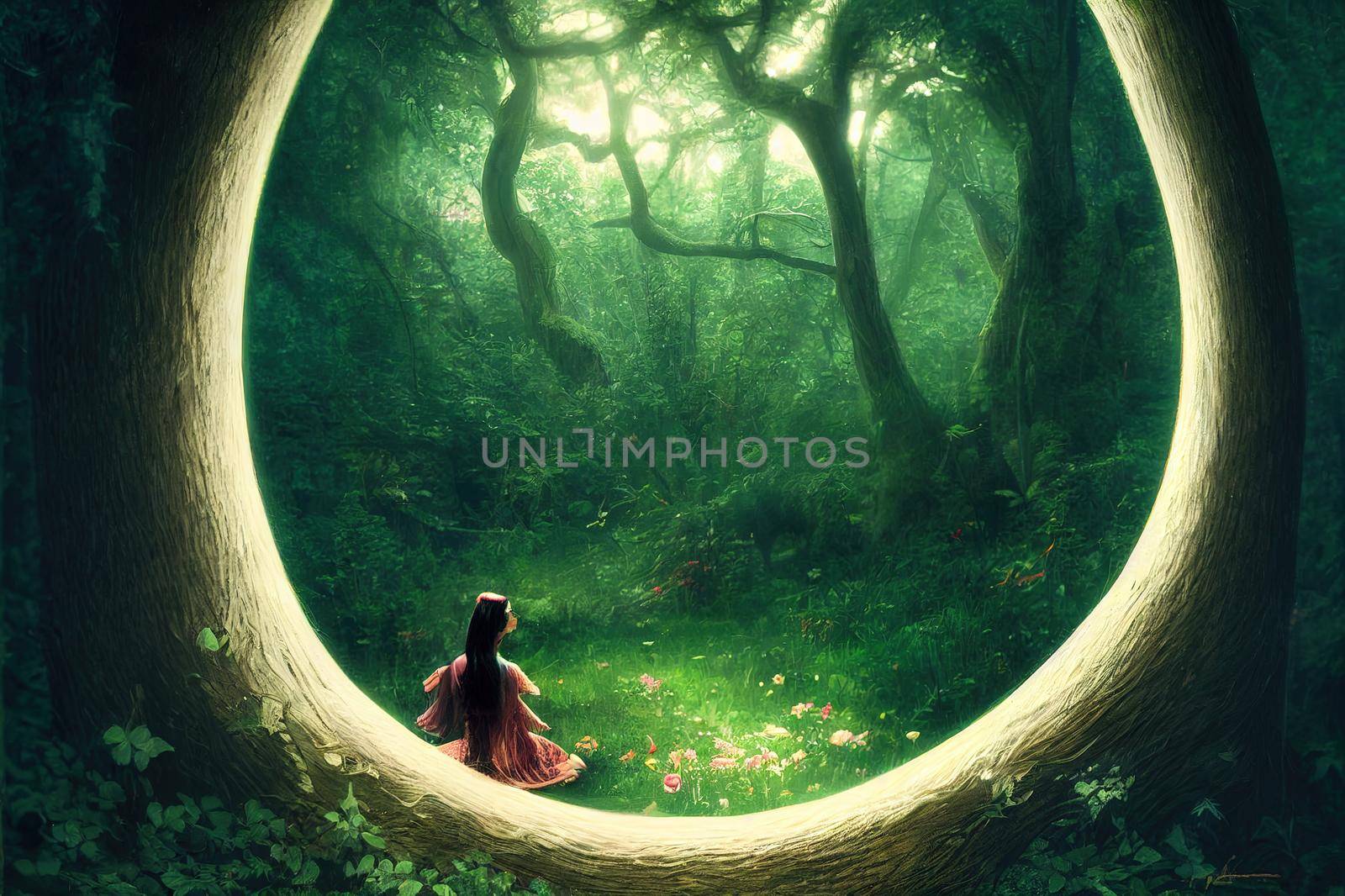 Beautiful girl in a magic forest. High quality illustration