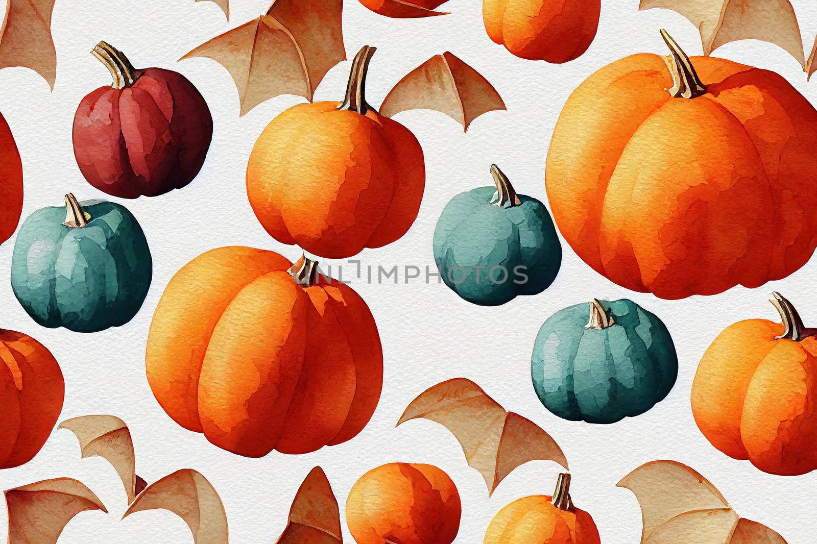 seamless watercolor pattern with isolated pumpkins and cartoon bats by 2ragon