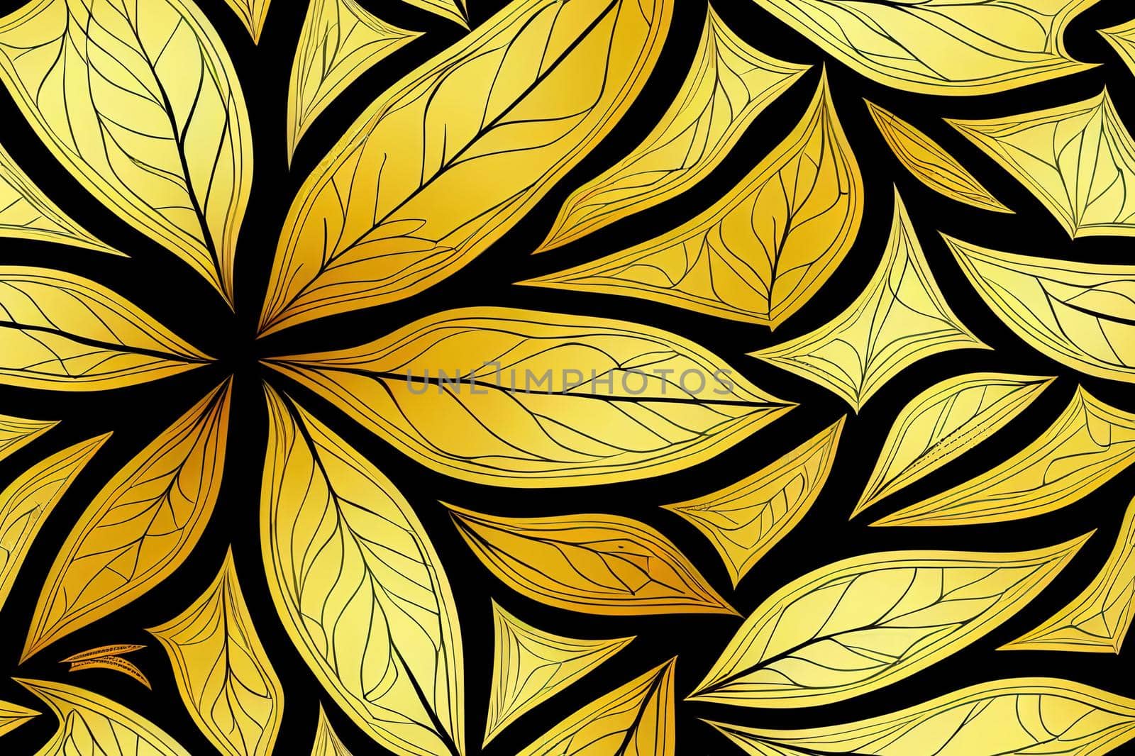 Floral seamless pattern with black and gold leaves. Decorative background.