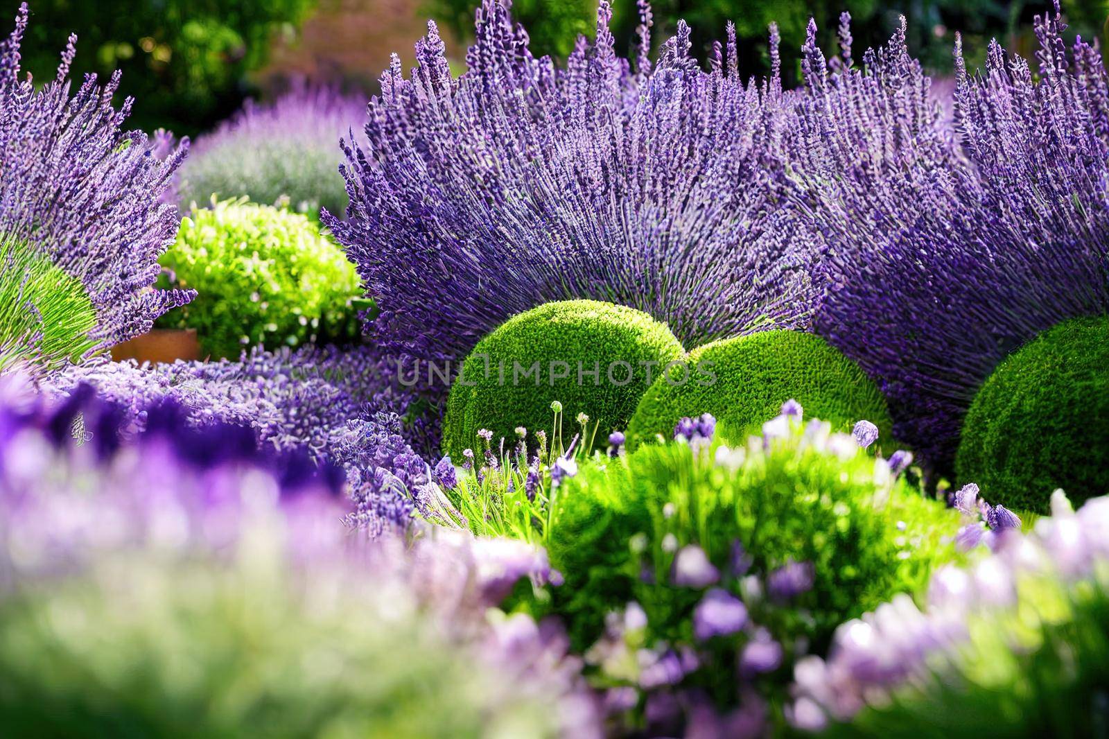 Lavender garden, flower bed in bloom, soft focus, late summer garden with purple lavender, calamint, wormwood, sage, globe thistle and verbena blooming next to a path , ornamental plants concept