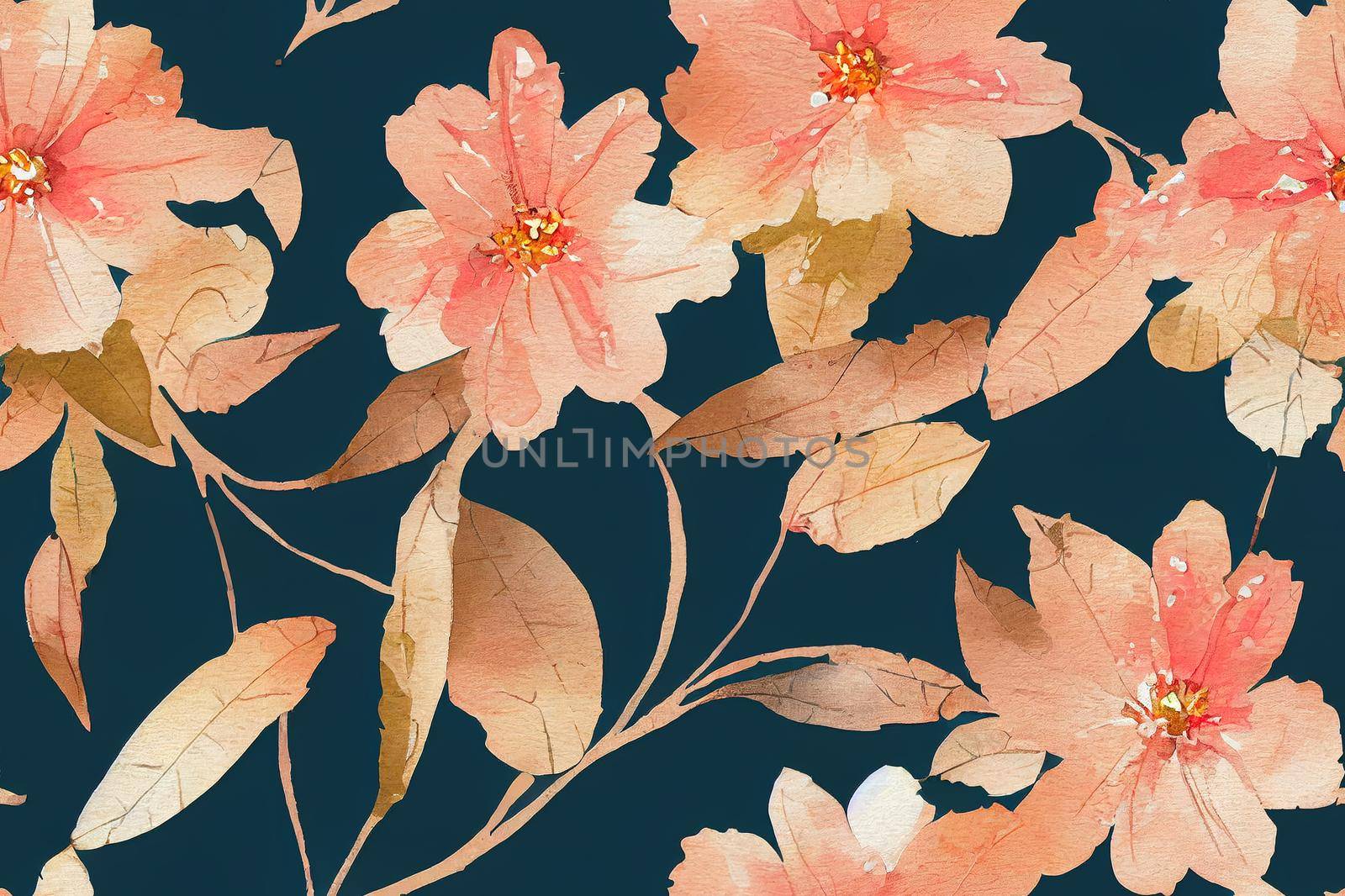 Seamless watercolor floral pattern pink flowers, gold elements, green leaves & branches on dark background; for wrappers, wallpapers, postcards, greeting cards, wedding invites, romantic events.