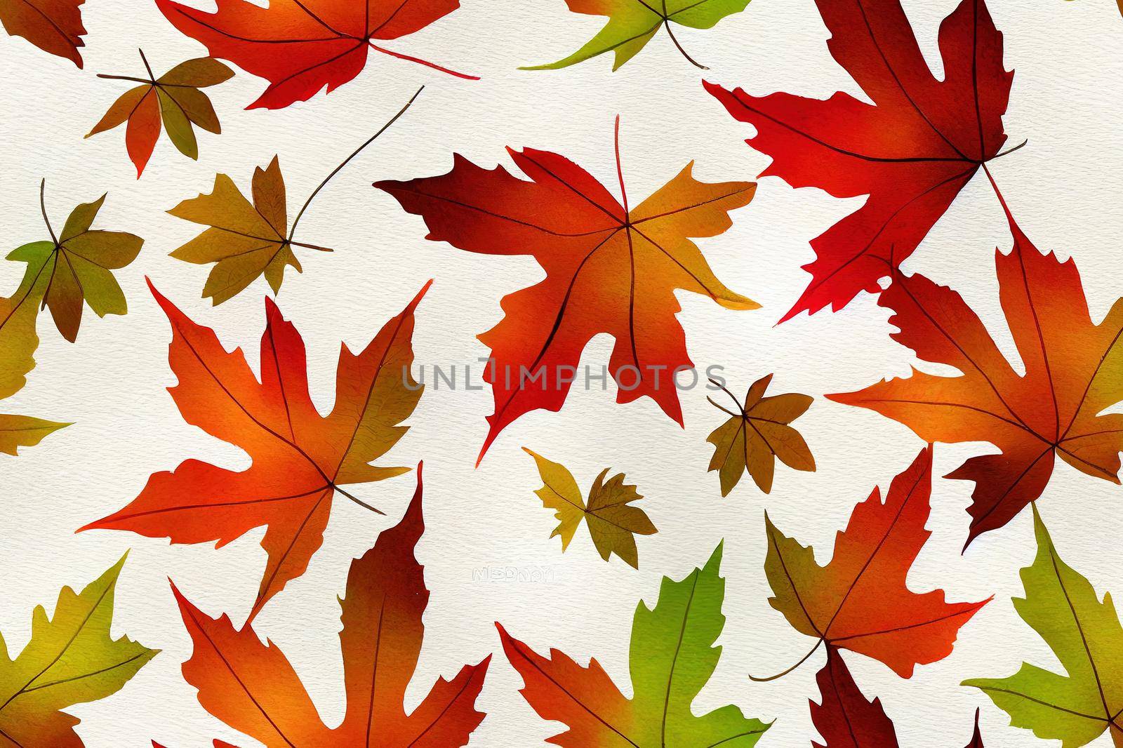 Maple leaves on white background, seamless watercolor pattern of autumn colorful leaves, floral illustration.