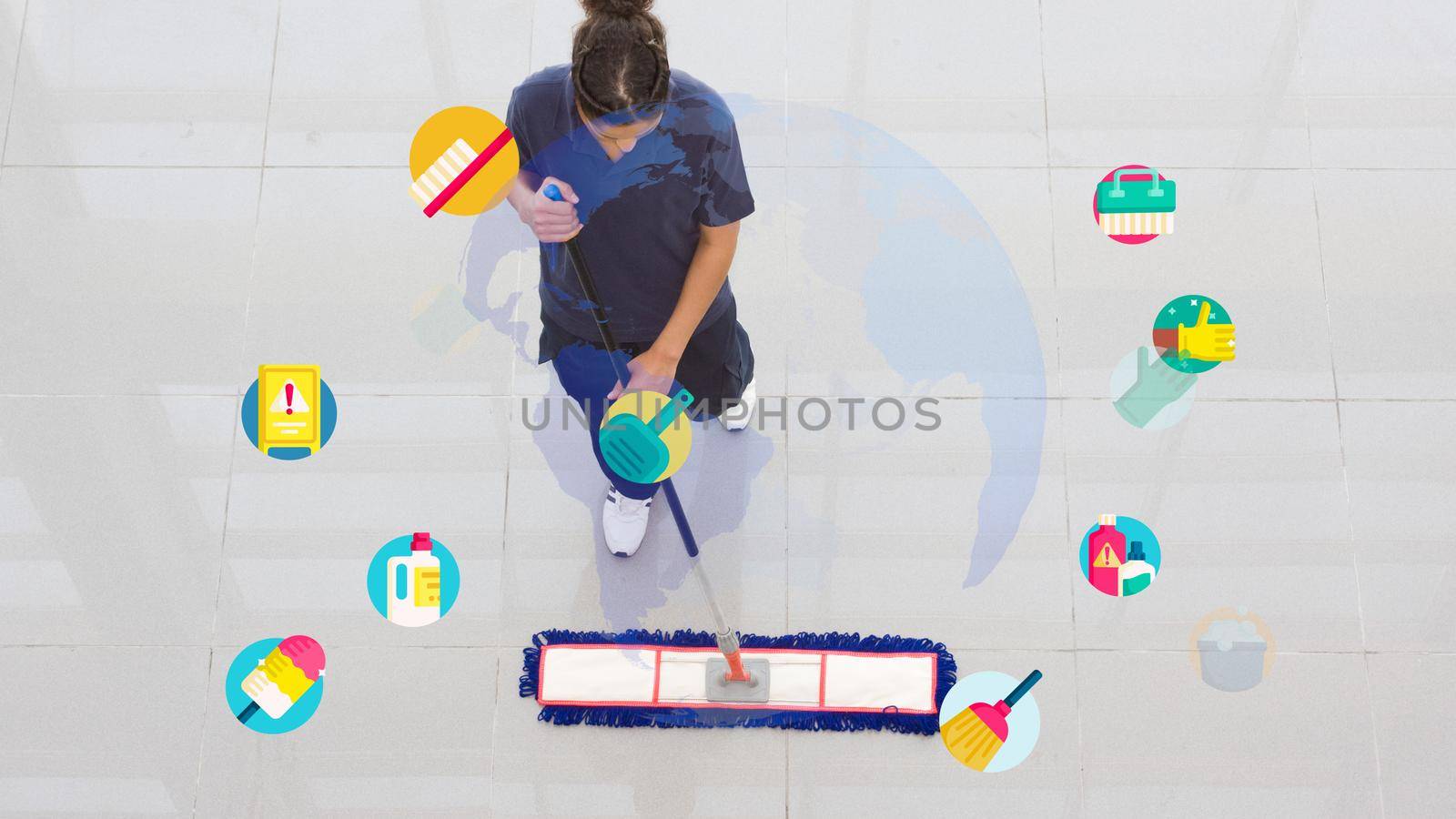 Young housekeeper cleaning floor mobbing holding mop and plastic bucket with brushes, . High quality photo