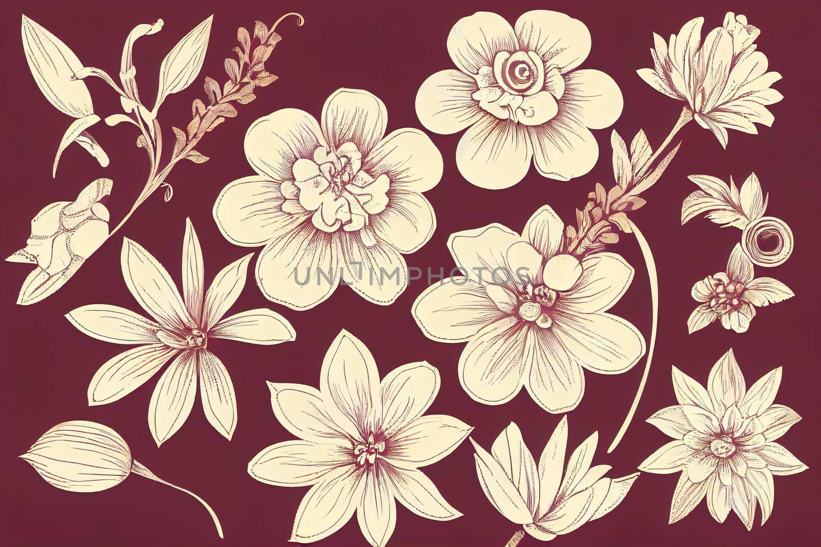 Floral vintage elements. Enchanted Vintage Flowers. Arts and Crafts movement inspired by 2ragon