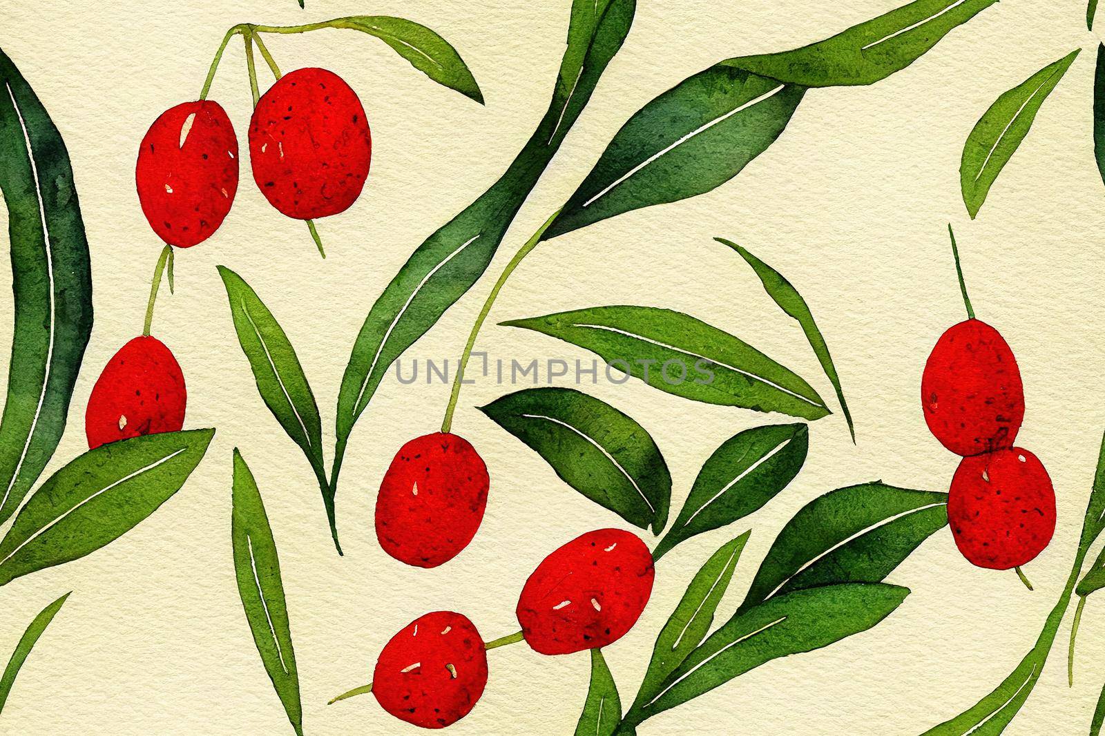 Watercolor Herbal Pattern with Red Berries, Green Leaves and by 2ragon