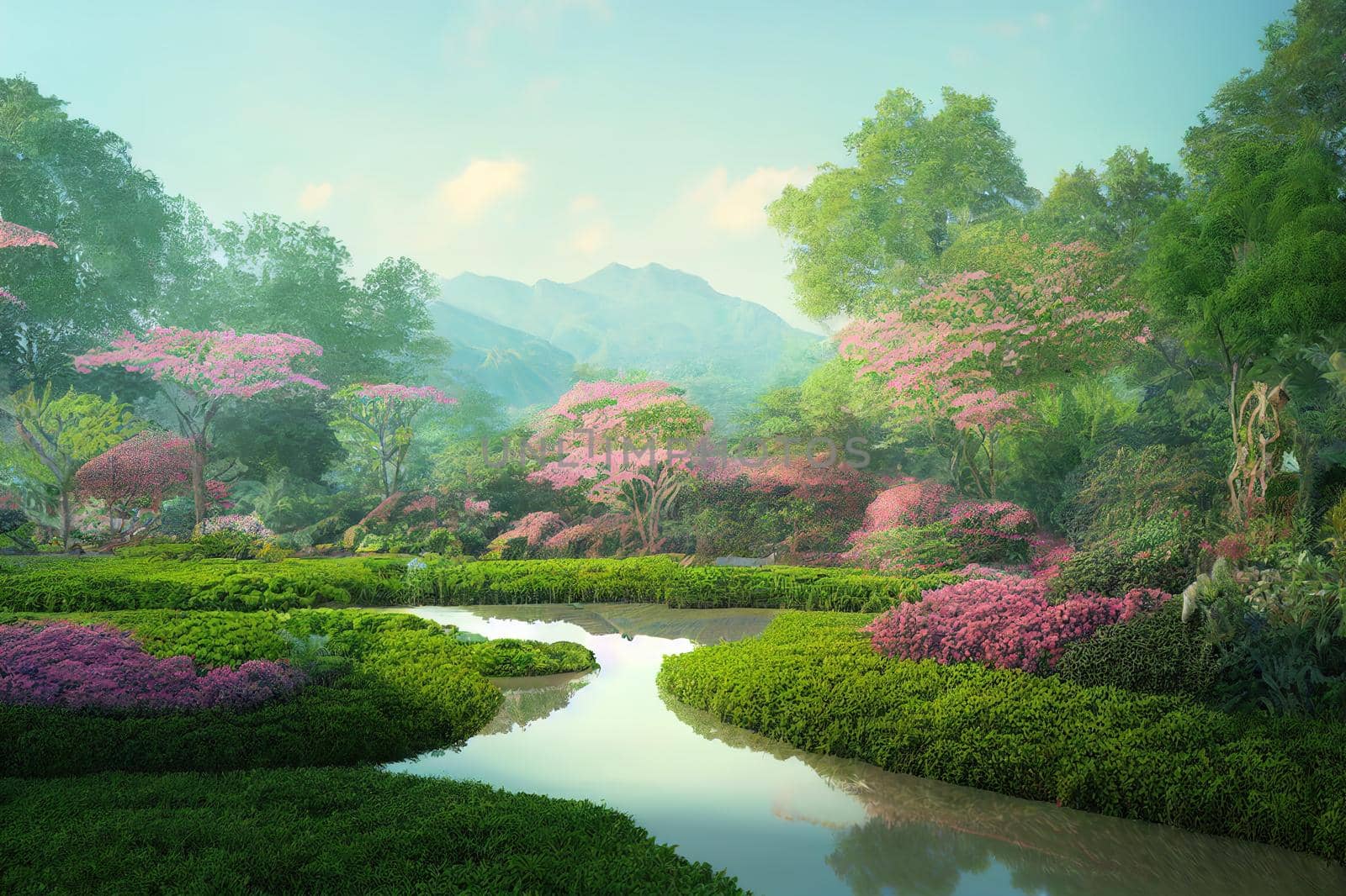 Asia Garden Landscape. High quality 2d illustration