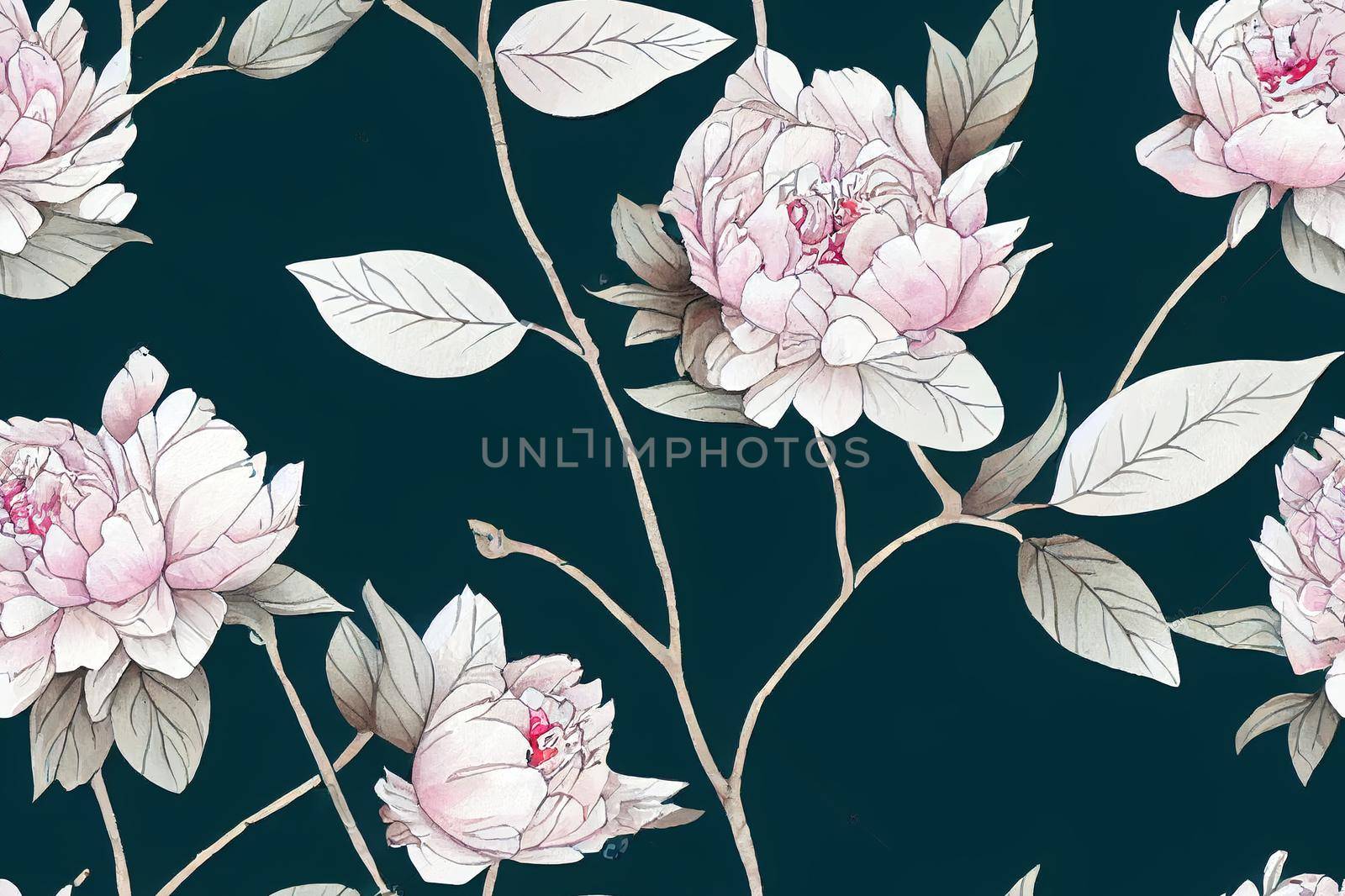 Peony branch.Seamless pattern.Watercolor illustration.Image on white and colored background.