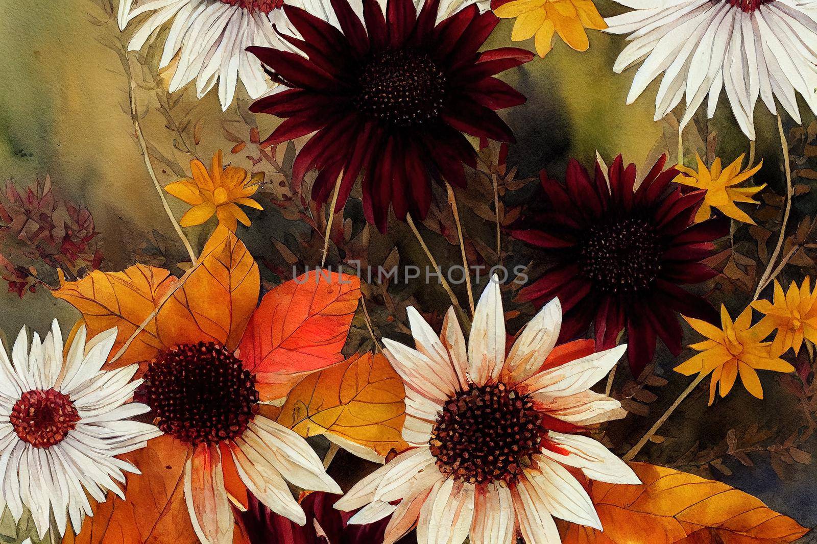 Watercolor fall birds with garden flowers burgundy, white and terracotta asters and chrysanthemums and autumn leaves.