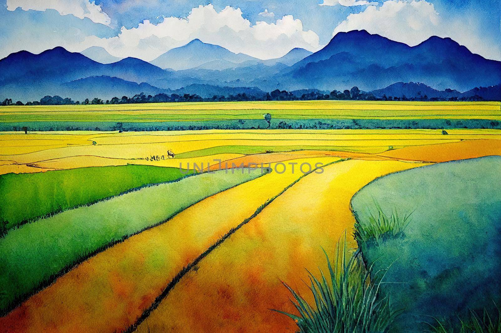 Watercolor landscape original paintings on paper colorful of rice field, farmer farm tractor with mountain and sky, cloud background. Hand painted beautiful nature spring season in Thailand.