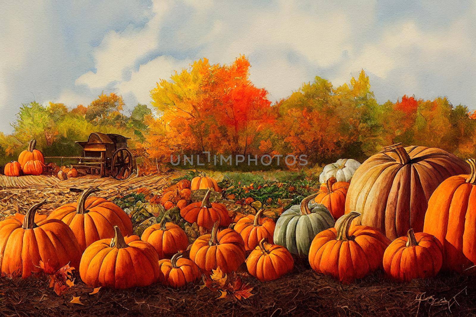 Wooden cart with pumpkins, autumn leaves, harvest and autumn by 2ragon