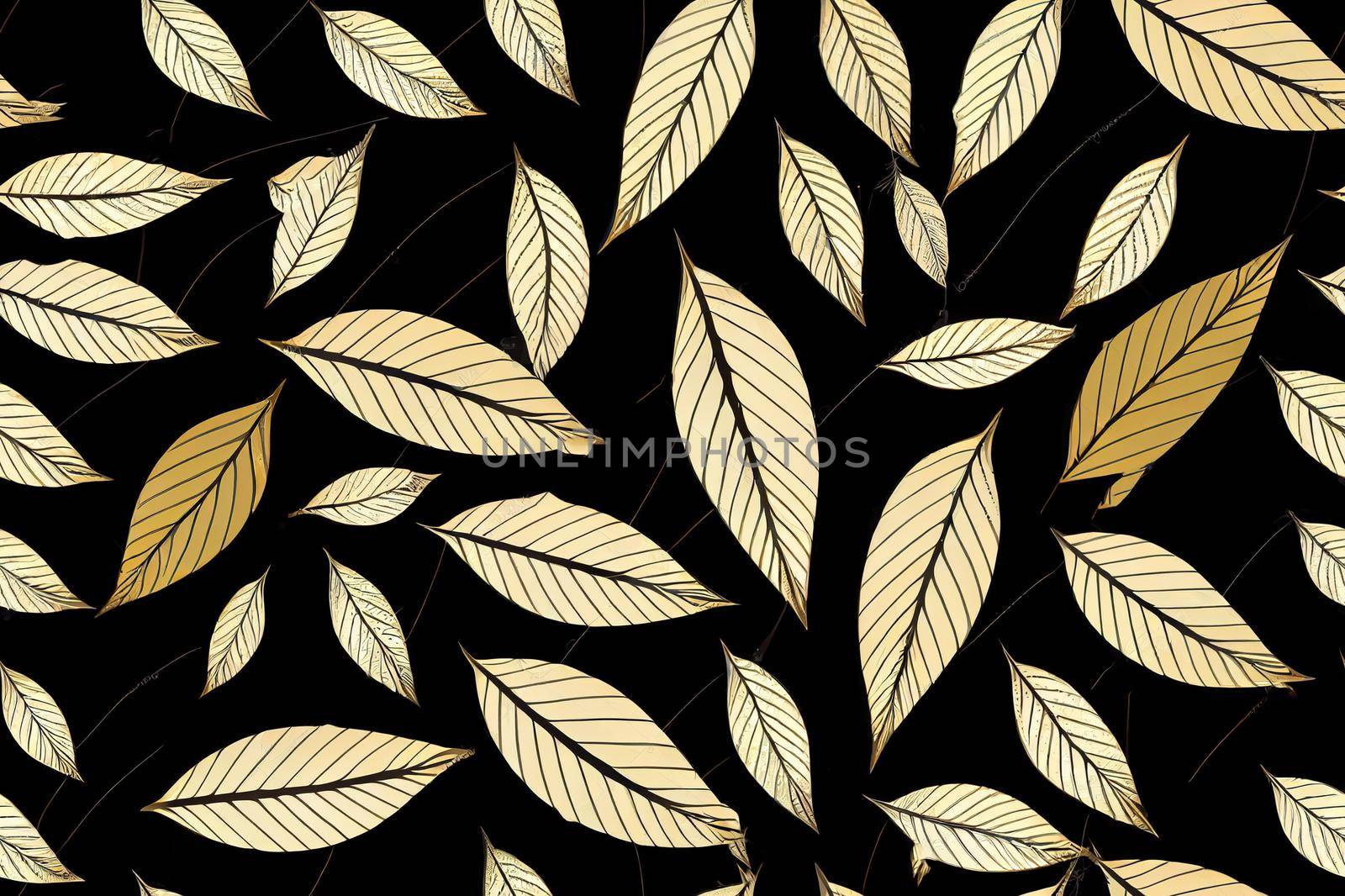 Floral seamless pattern with black and gold leaves. Decorative background.