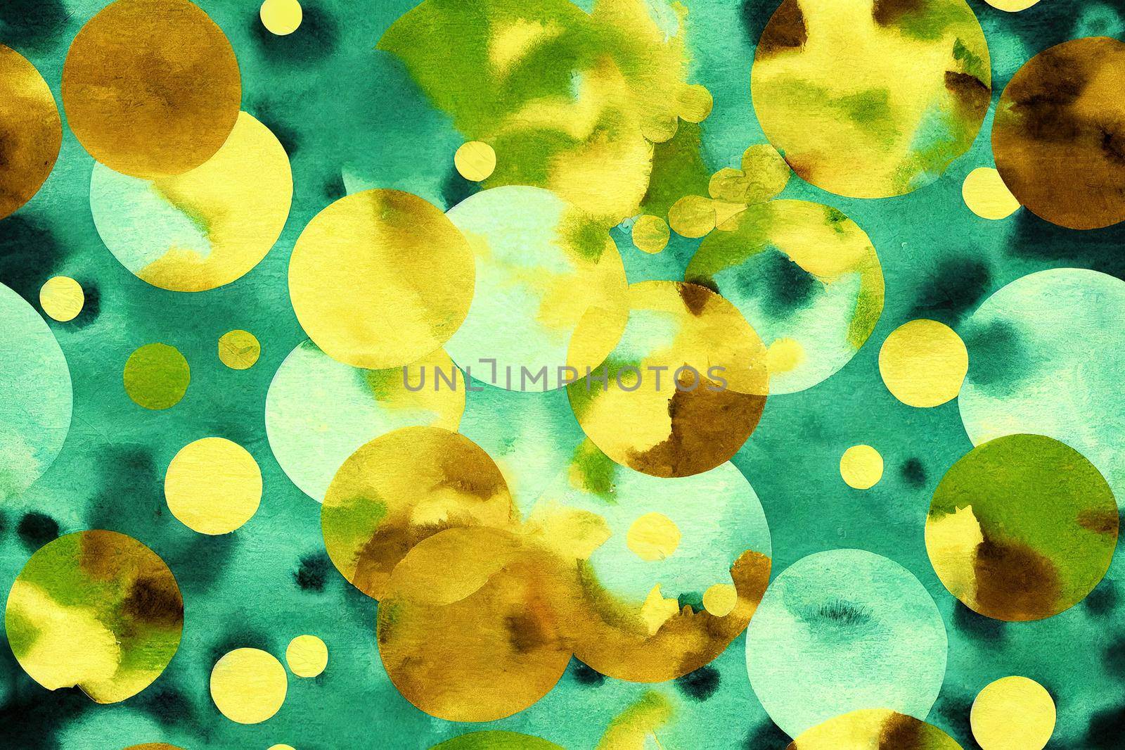 Abstract watercolor nature green seamless pattern with gold texture, golden motif, dried leaves and circle shapes. Contemporary textile, fabric, wallpaper, repeat background design.