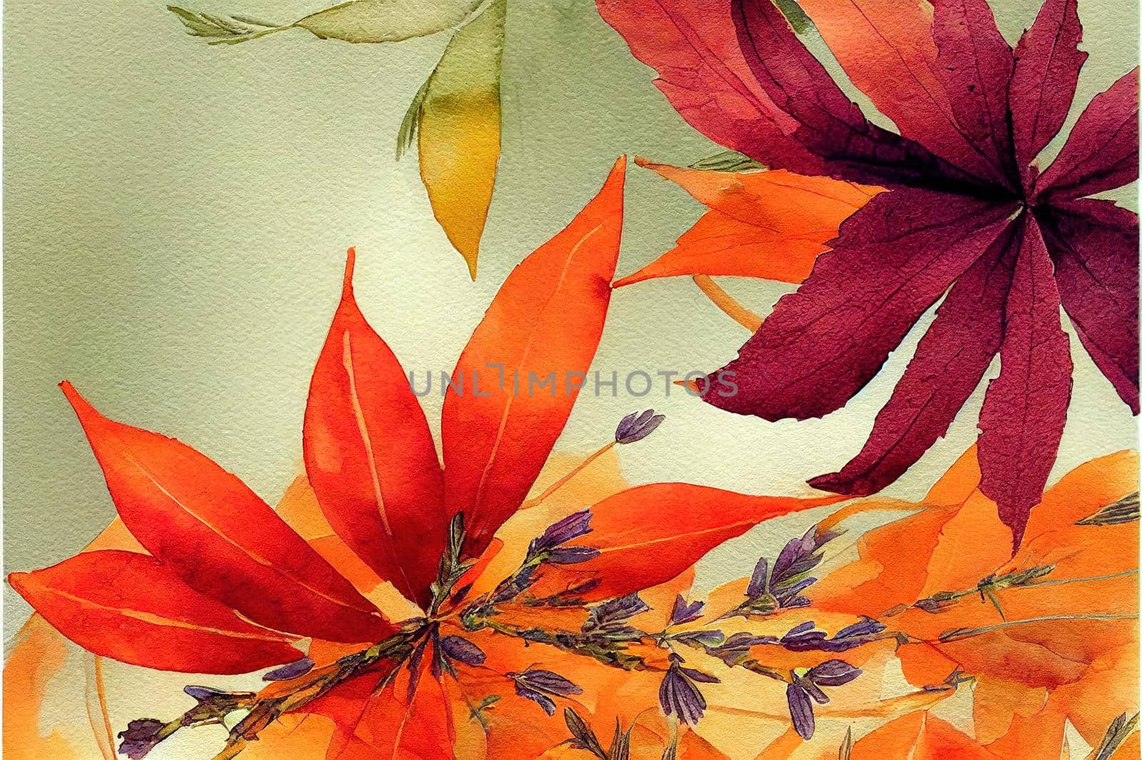 Autumn greeting card with sea buckthorn, herbs, lavender flowers, and maple leaves. A5 size, for paper and digital cards, postcards, notebook covers, Autumn holiday season. Watercolor illustration.