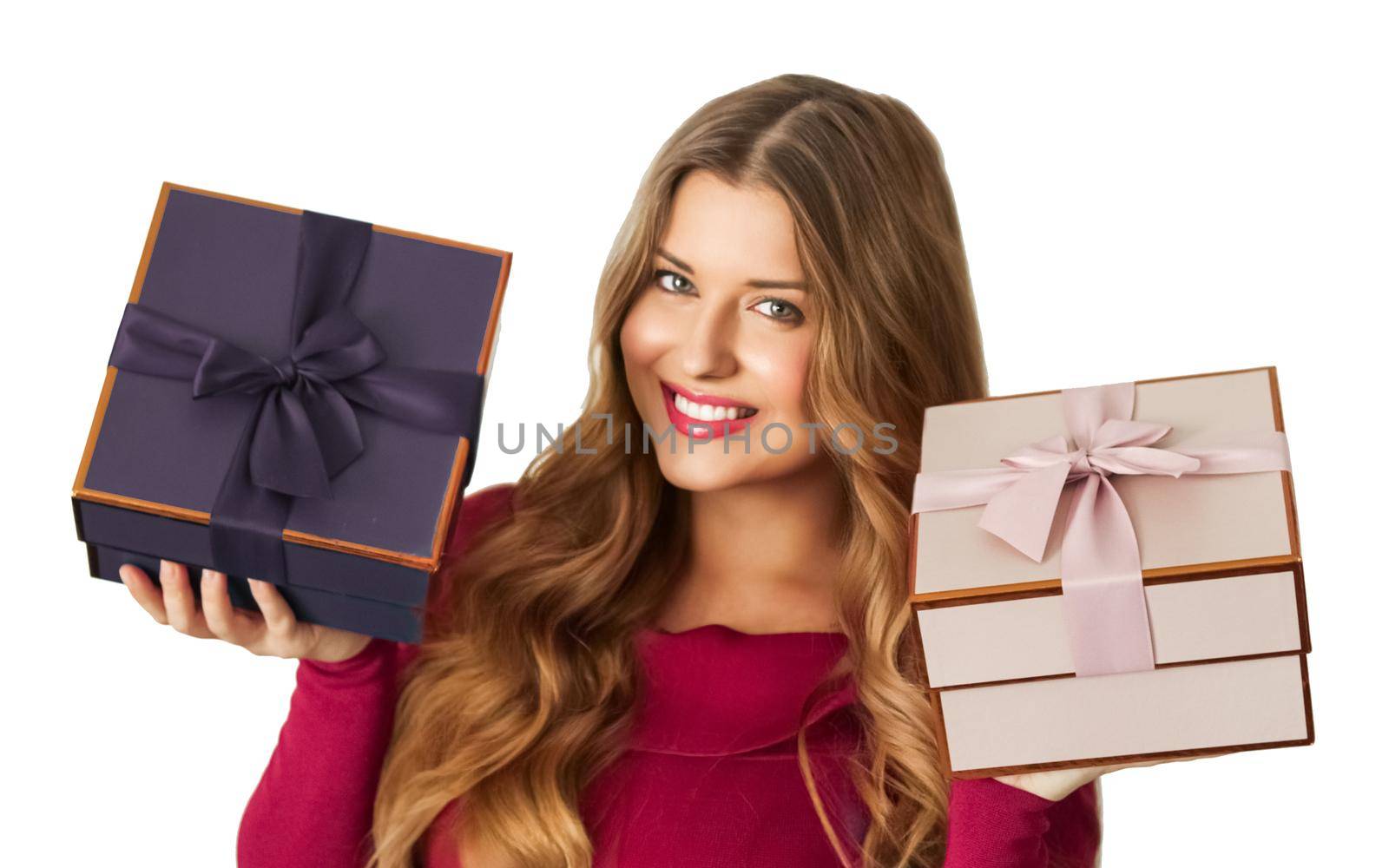 Birthday, Christmas gifts or holiday present, happy woman holding gift boxes isolated on white background, portrait