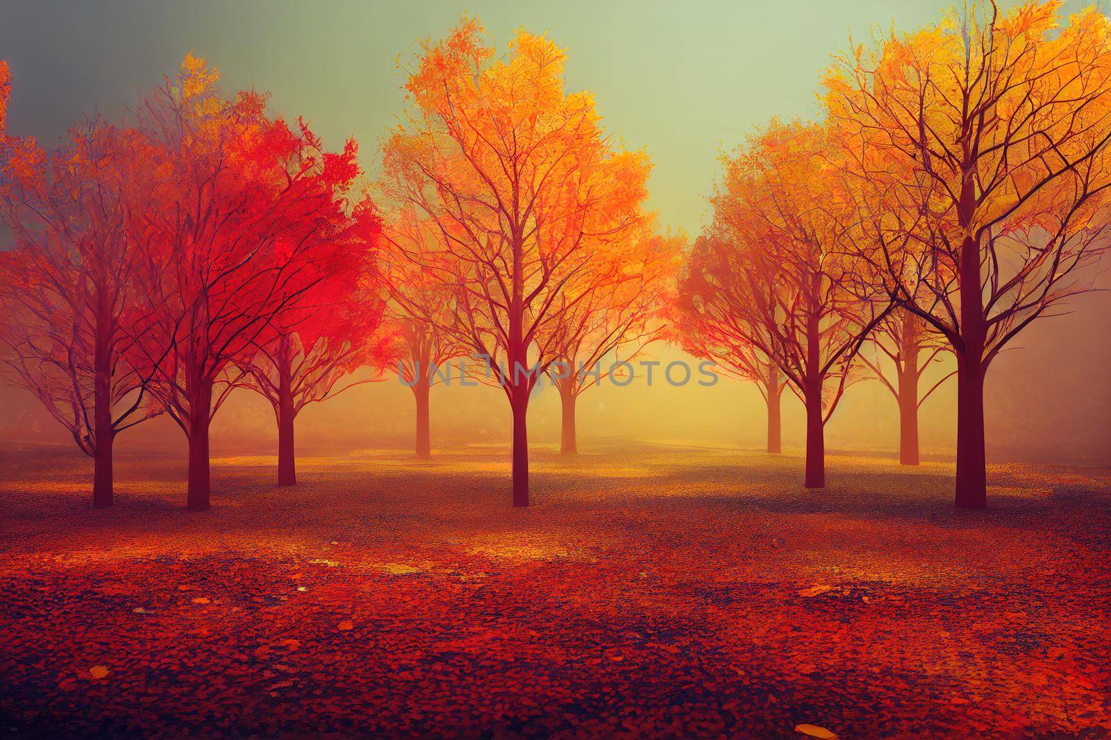Abstract Autumn landscape scene with a podium background. 3D render.