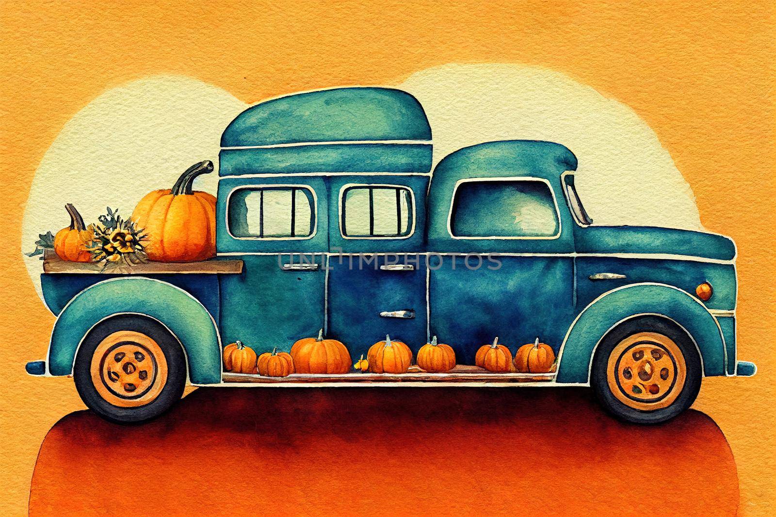 Watercolor Pumpkin Truck,Autumn Harvest Truck,Thanksgiving arrangement,Pick Up Car,Vintage Car by 2ragon