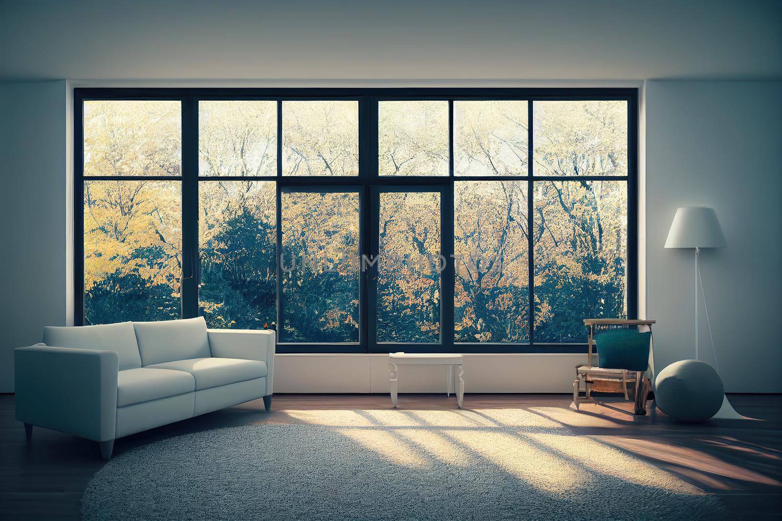 Stylish room in white color with sofa and autumn landscape in window. Scandinavian interior design. 3D illustration