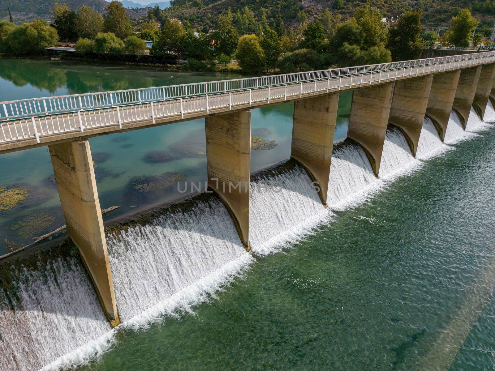 aerial view of water released from hydroelectric power station