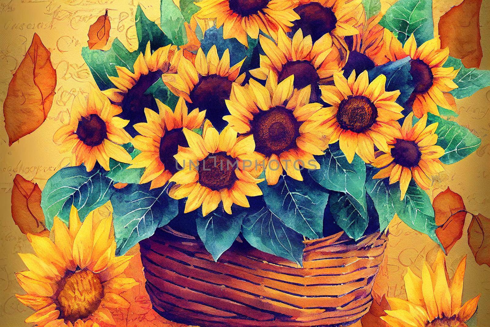 Watercolor autumn sunflower bouquet in a wicker basket, Autumn arrangement,Farmhouse rustic fall decor,harvest Thanksgiving clipart. Birthday summer card