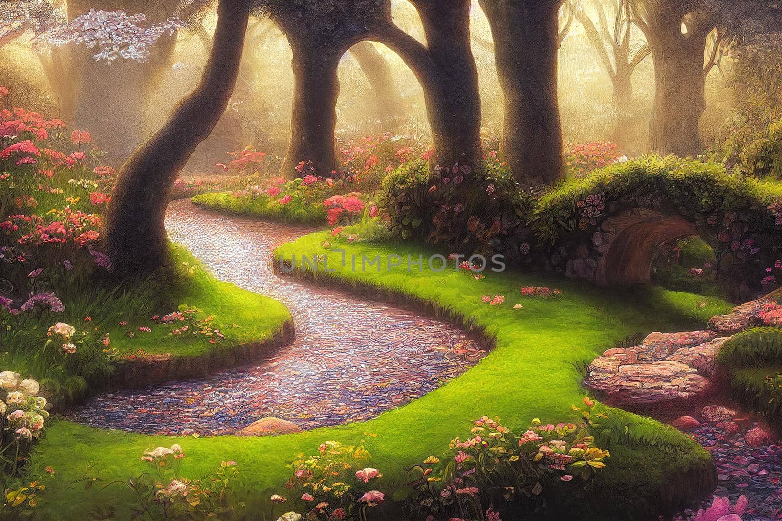 Enchanted garden with stone bridge illustration. High quality 2d abstract illustration