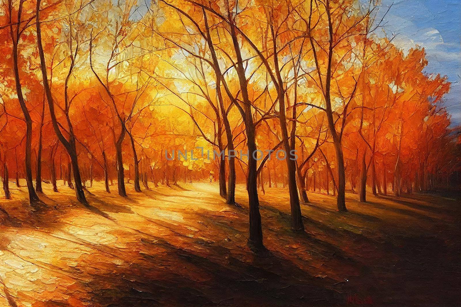 Oil painting on canvas. Autumn landscape. Modern impressionism.