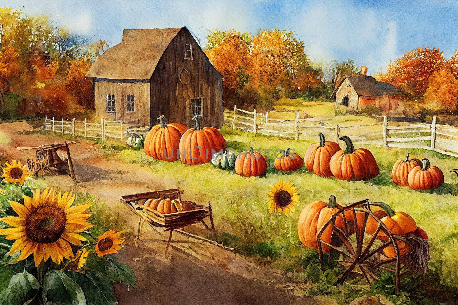 Watercolor farmhouse illustration, Autumn harvest scene with rustic wheelbarrow, pumpkin, sunflowers, hay, pumpkin patch. Thanksgiving fall background, country graphics.