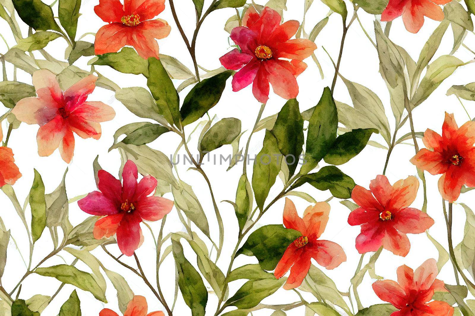 Branch, flowers watercolor painting on a white background , seamless pattern.