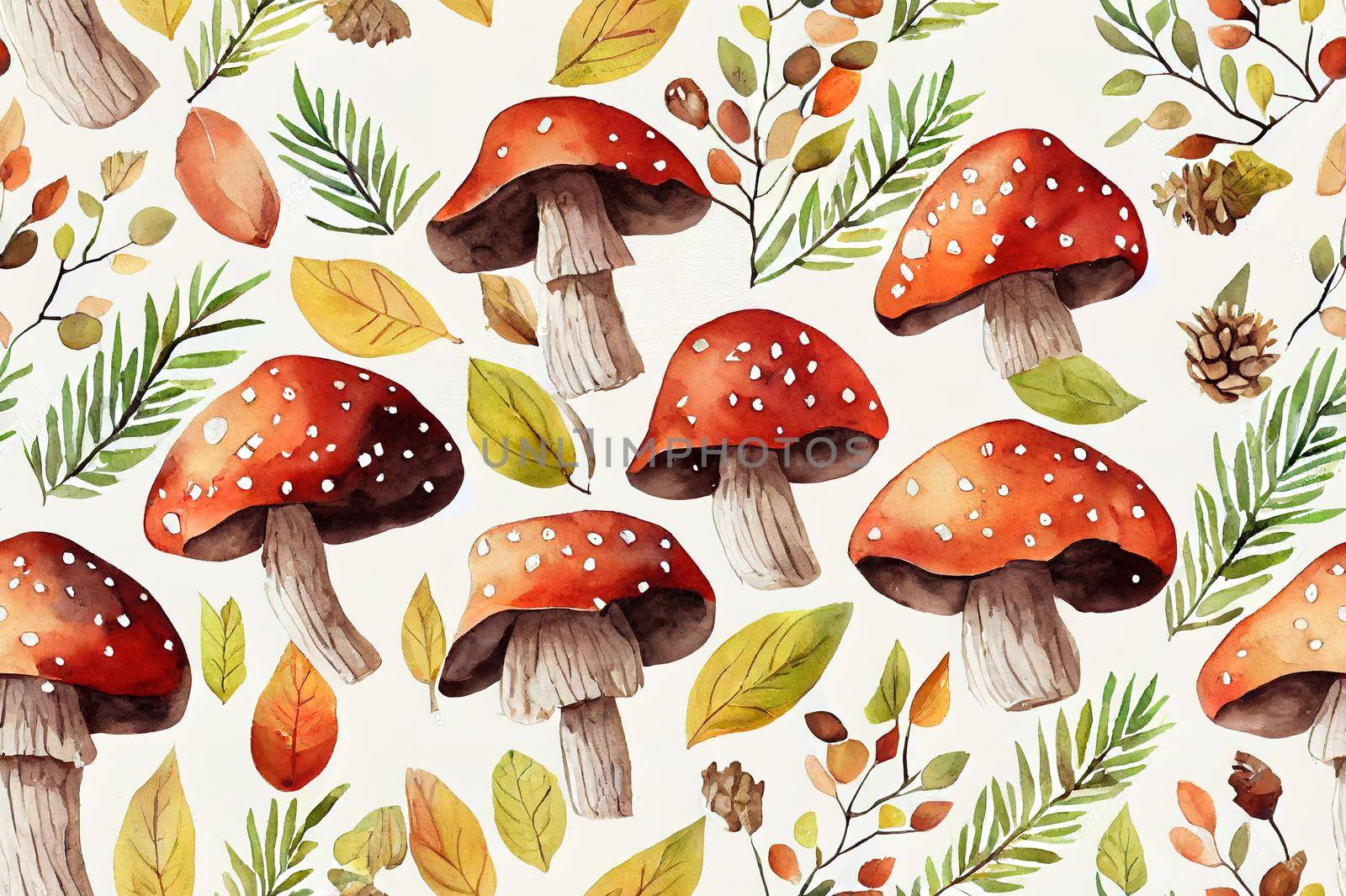 Watercolor autumn forest pattern. Hand painted mushroom, rowan, fall leaves, tree branch, pine cone, berry and acorn isolated on white background. Nature illustration for design