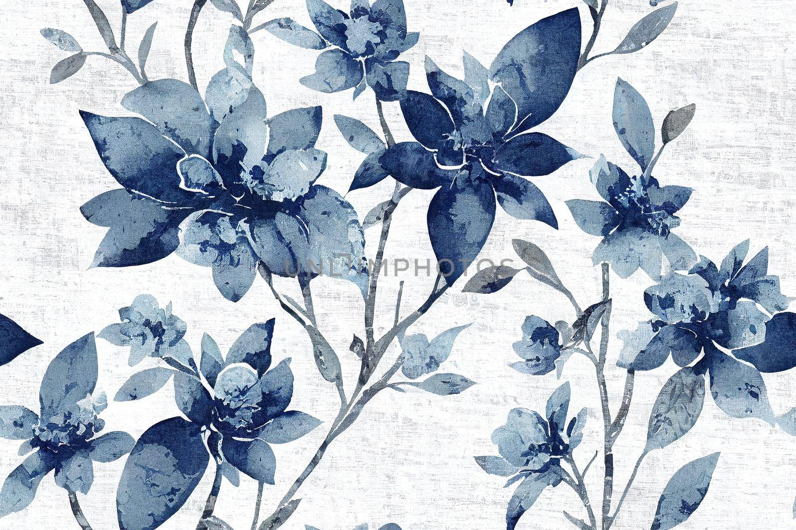 Seamless french farmhouse floral linen printed background. Provence blue gray pattern texture. Shabby chic style woven background. Textile rustic scandi all over print effect. Watercolor paint motif