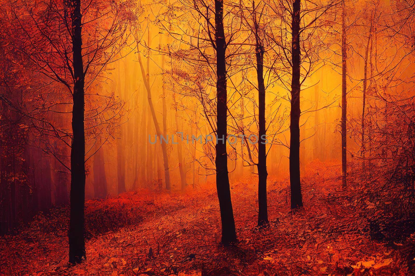 dusk atmospheric enchanted forest wild autumn aesthetic nature scenic view with golden October season foliage and moss, vertical photography