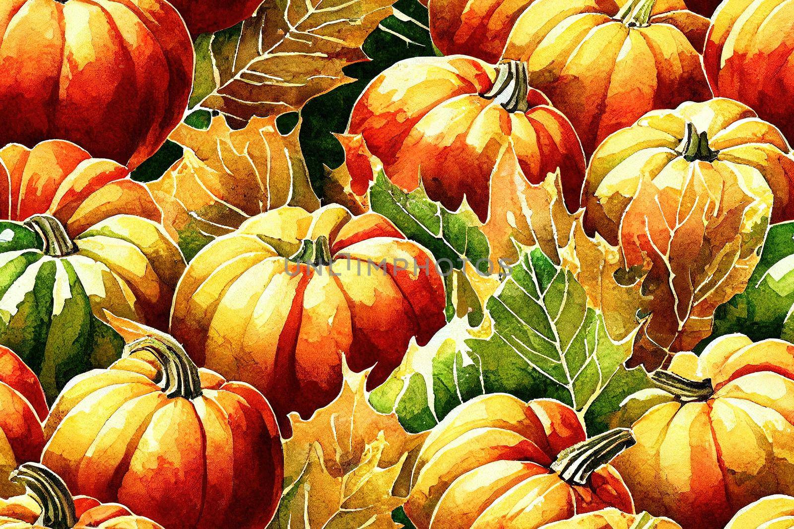 Autumn harvest seamless pattern fruits, vegetables pumpkin, apples, grape, nuts, sunflower and autumn maple leaves. Vintage watercolor for Thanksgiving design repeated background, wrapping paper