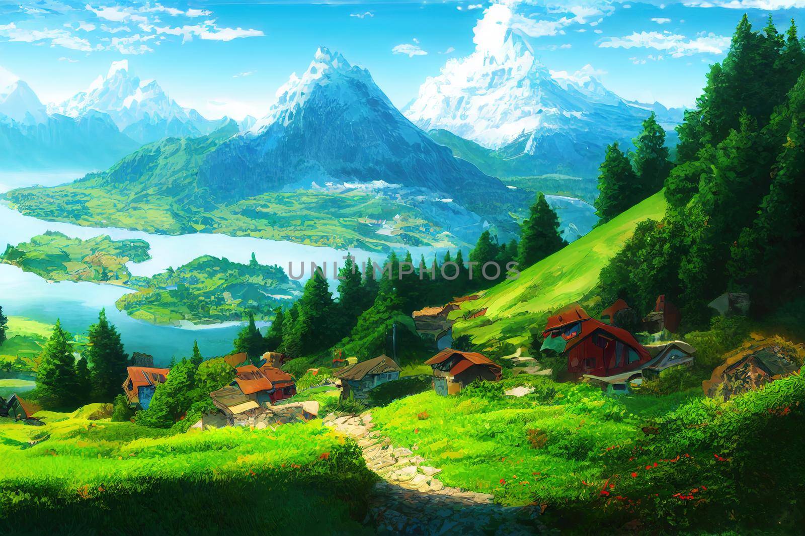 Switzerlandanime style 2d background illustration cartoonish style, high quality illustration