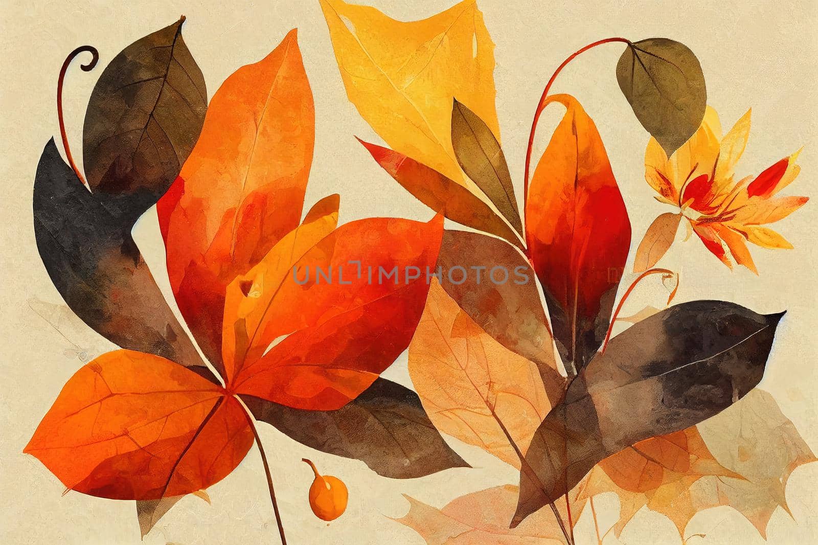 Abstract oil painting of colorful flower with orange, red, yellow leaf. Illustration hand painted, nature of fall, autumn season. Paint design for natural wallpaper. Vintage floral color background