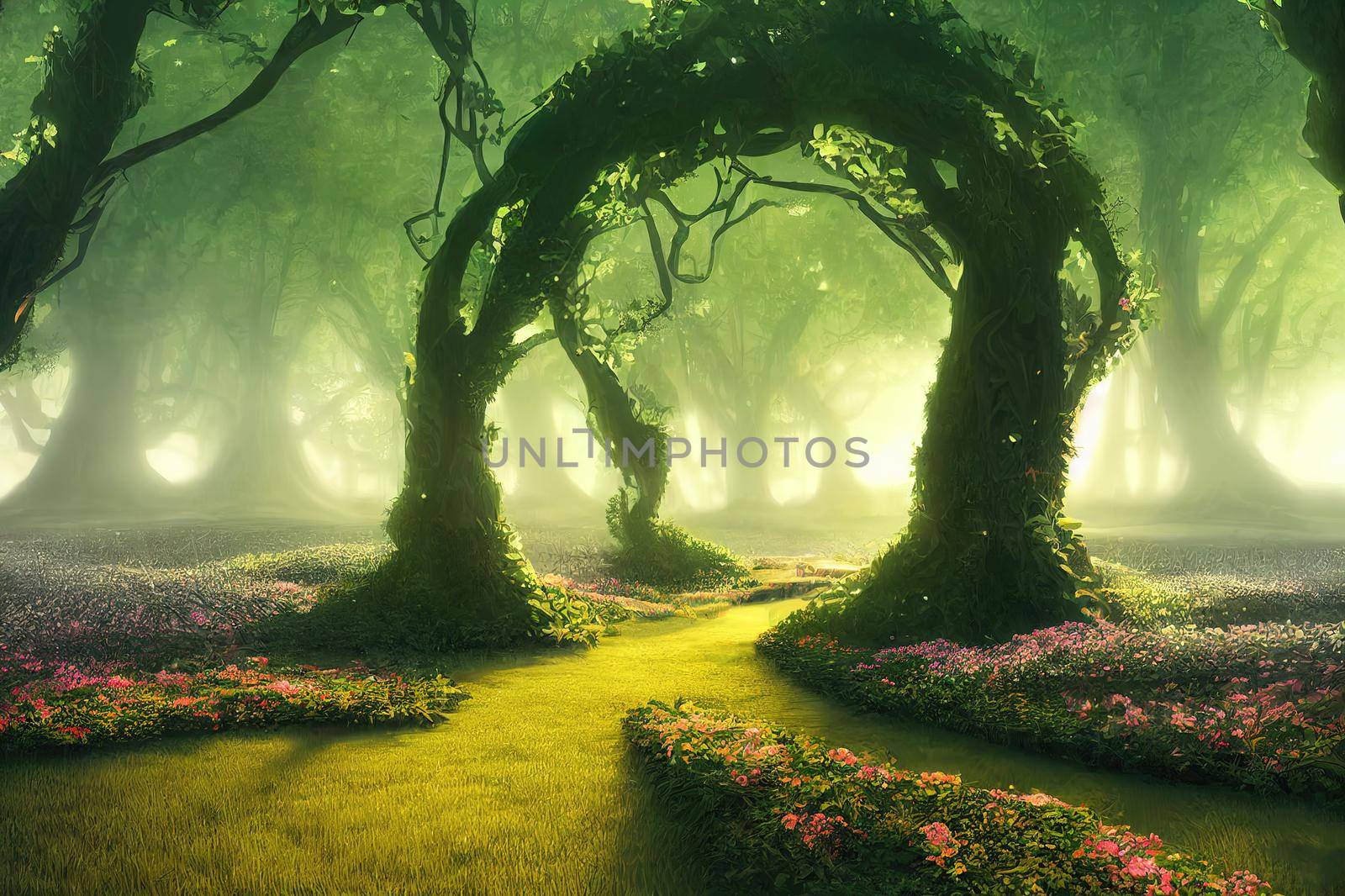 Spectacular archway covered with vine in the middle of fantasy fairy tale forest landscape, misty on spring time. Digital art 3D illustration.