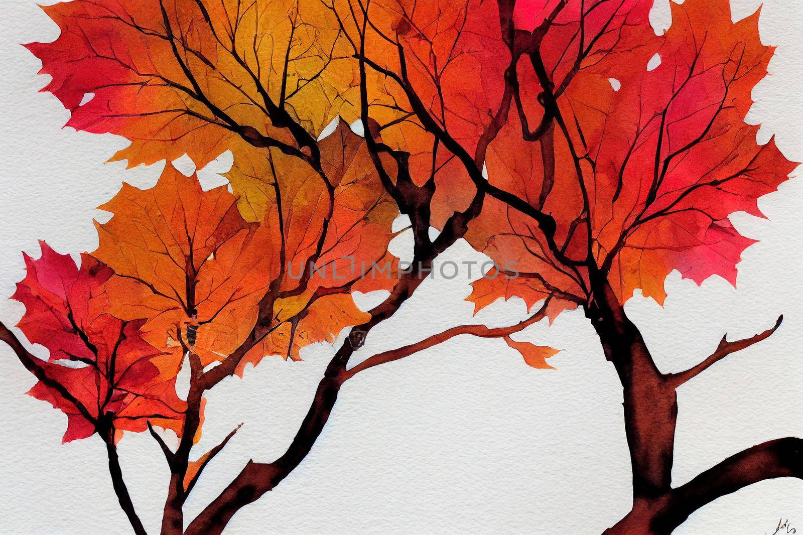 Colorful autumn with oak leaves branches, illustration watercolor with hand drawn. Suitable for decorate in the fall festival, greeting cards or posters.